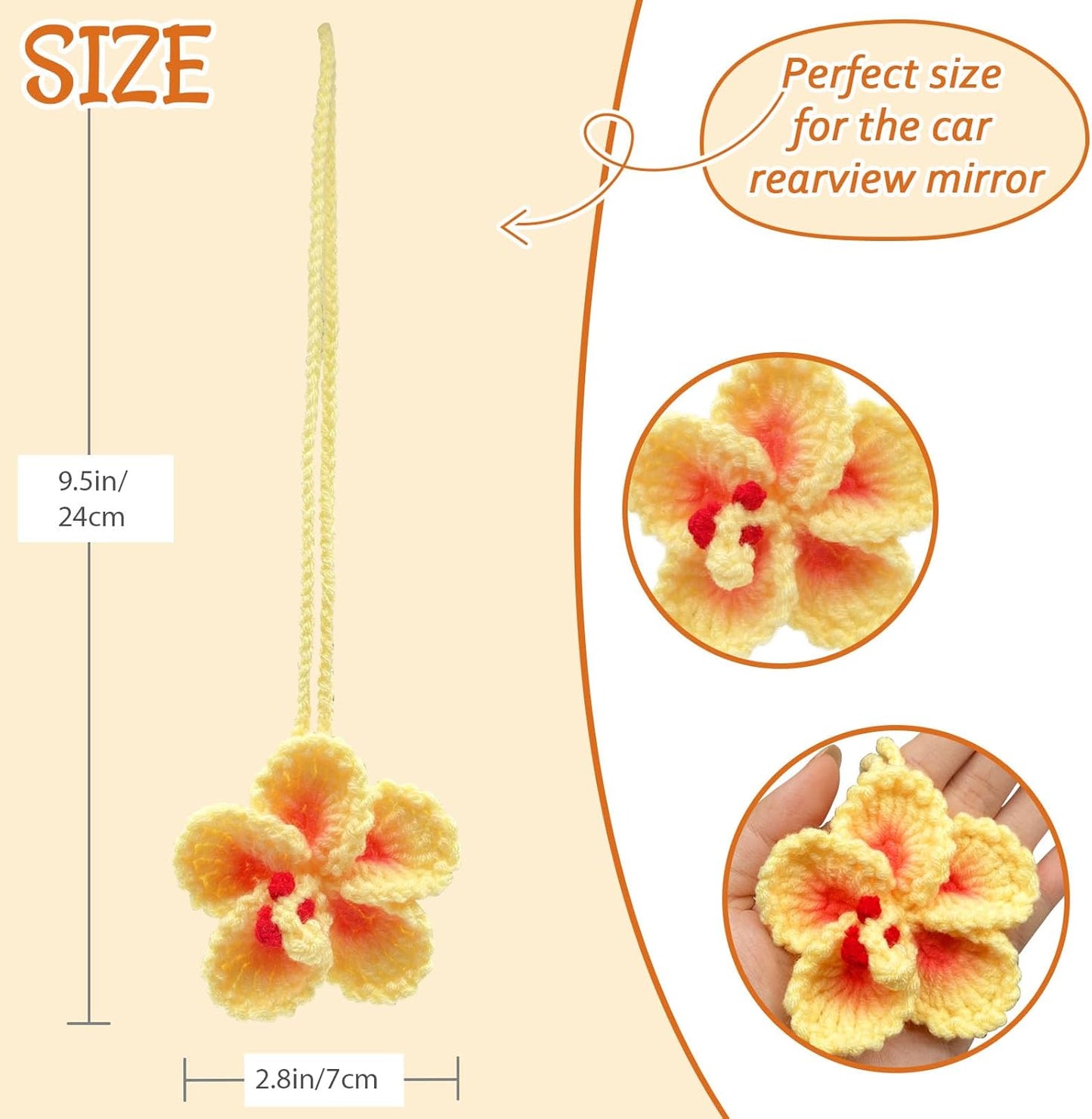 Crochet Hibiscus Flower, Rear View Mirror Hanging Ornament (Yellow) | Handmade Hawaiian Tropical Flower, Crochet Plant for Car Decor, Beach Car Accessories, Cute Bag Charms, Gift for Women