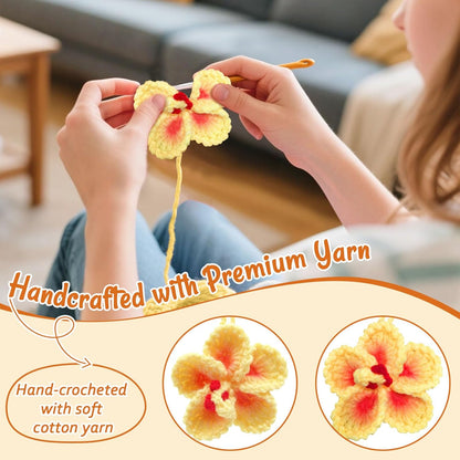 Crochet Hibiscus Flower, Rear View Mirror Hanging Ornament (Yellow) | Handmade Hawaiian Tropical Flower, Crochet Plant for Car Decor, Beach Car Accessories, Cute Bag Charms, Gift for Women