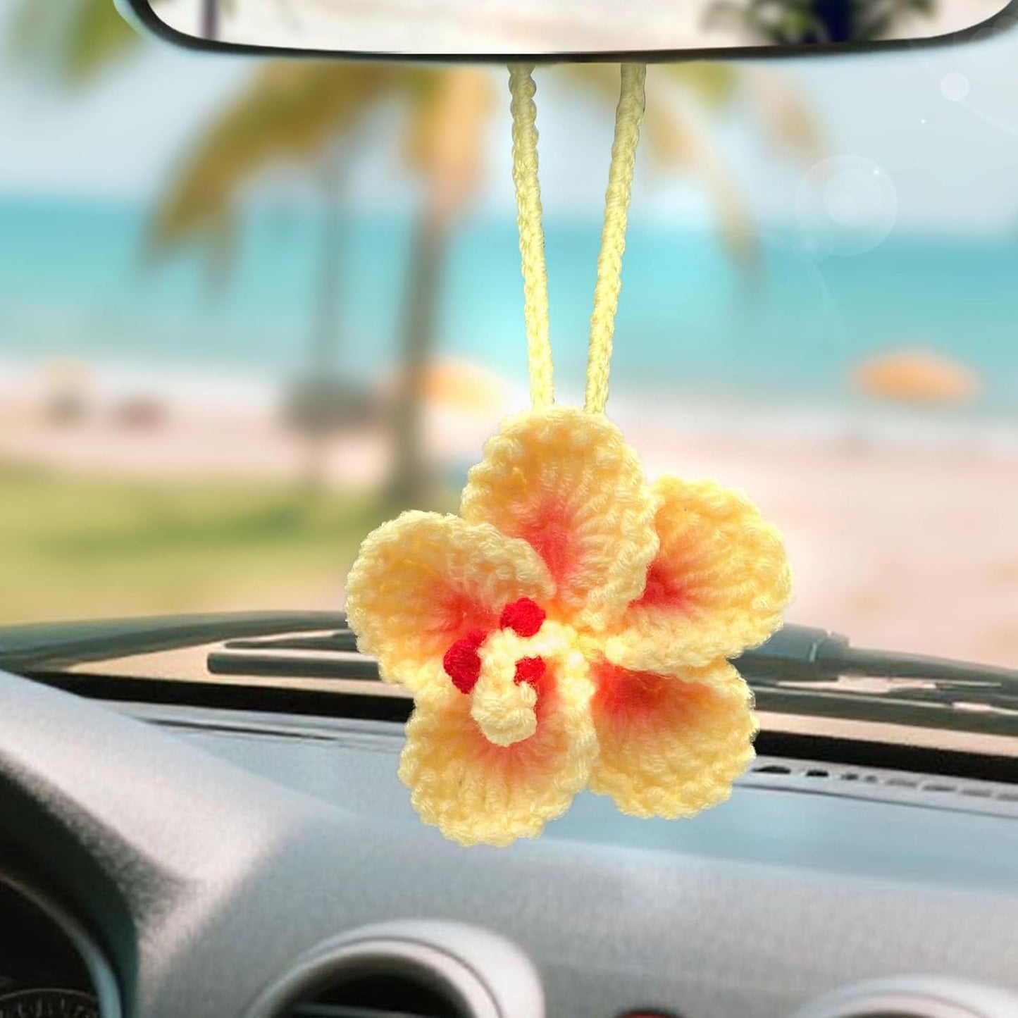 Crochet Hibiscus Flower, Rear View Mirror Hanging Ornament (Yellow) | Handmade Hawaiian Tropical Flower, Crochet Plant for Car Decor, Beach Car Accessories, Cute Bag Charms, Gift for Women