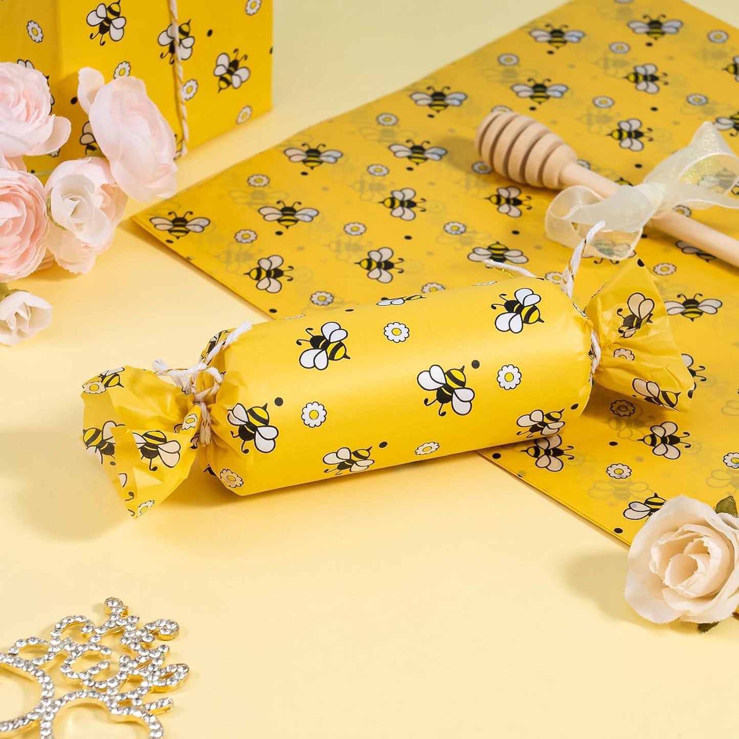 Bee Wedding Wrapping Tissue Paper - 30 Sheets 14x20 Inch Floral Bee Tissue Paper Bulk for Bridal Shower, Wedding, Birthday, Baby Shower