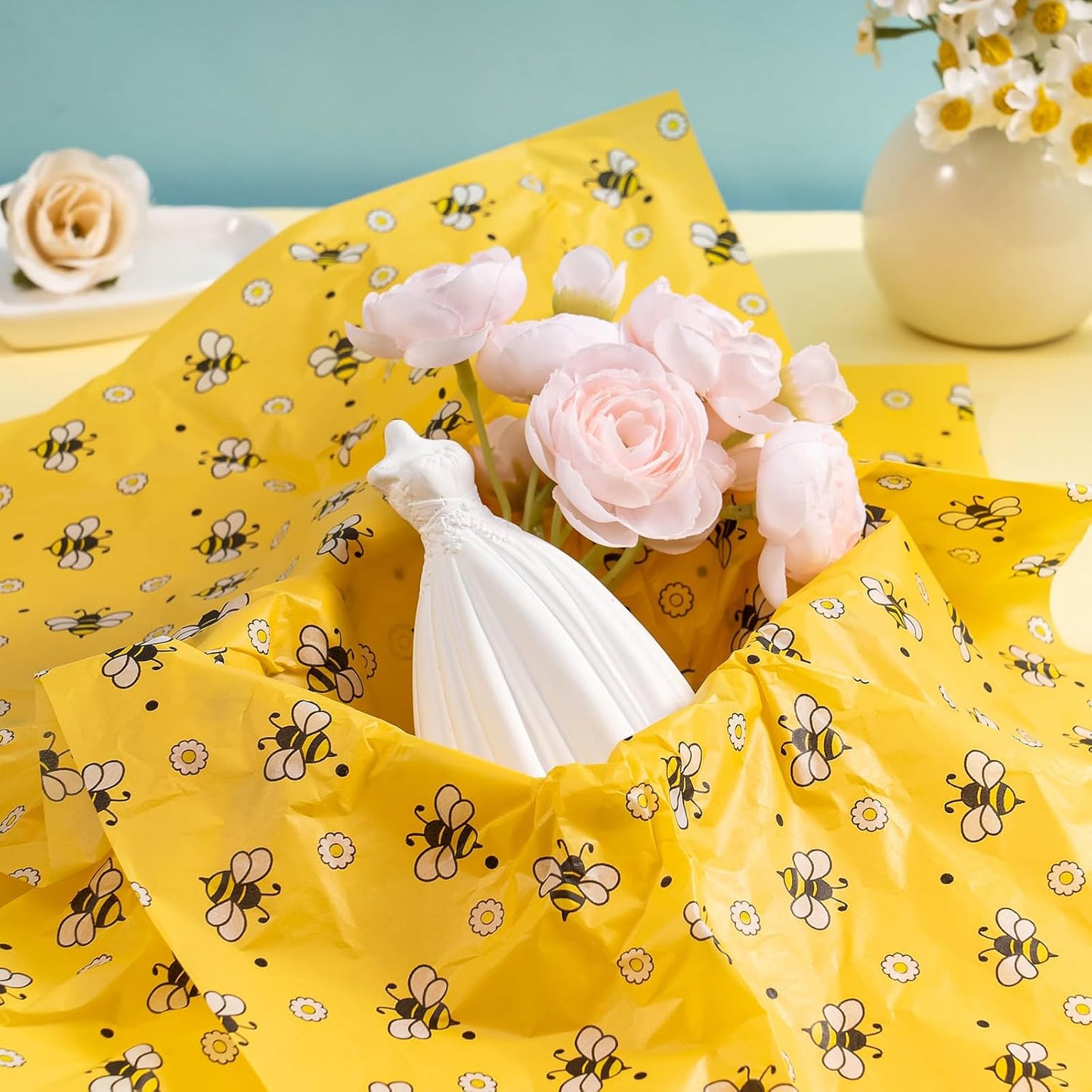 Bee Wedding Wrapping Tissue Paper - 30 Sheets 14x20 Inch Floral Bee Tissue Paper Bulk for Bridal Shower, Wedding, Birthday, Baby Shower