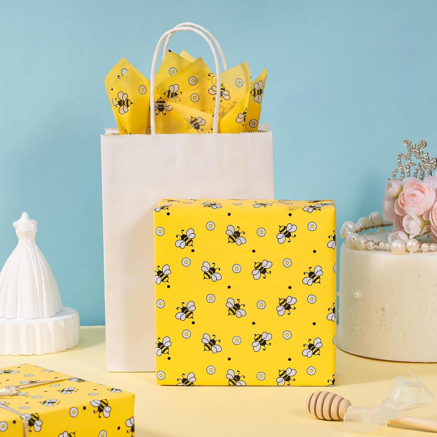 Bee Wedding Wrapping Tissue Paper - 30 Sheets 14x20 Inch Floral Bee Tissue Paper Bulk for Bridal Shower, Wedding, Birthday, Baby Shower