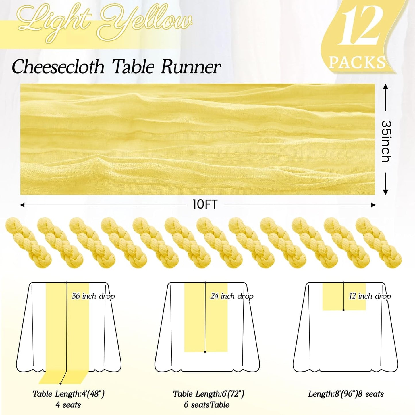 12Pack Light Yellow Cheesecloth Table Runner 35x120Inch Yellow Cheese Cloth Table Runner 10FT Boho Gauze Table Runners Rustic Sheer Table Runners for Wedding Bridal Baby Shower Party Decor