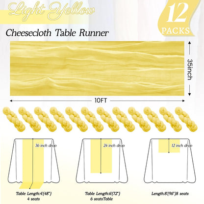 12Pack Light Yellow Cheesecloth Table Runner 35x120Inch Yellow Cheese Cloth Table Runner 10FT Boho Gauze Table Runners Rustic Sheer Table Runners for Wedding Bridal Baby Shower Party Decor