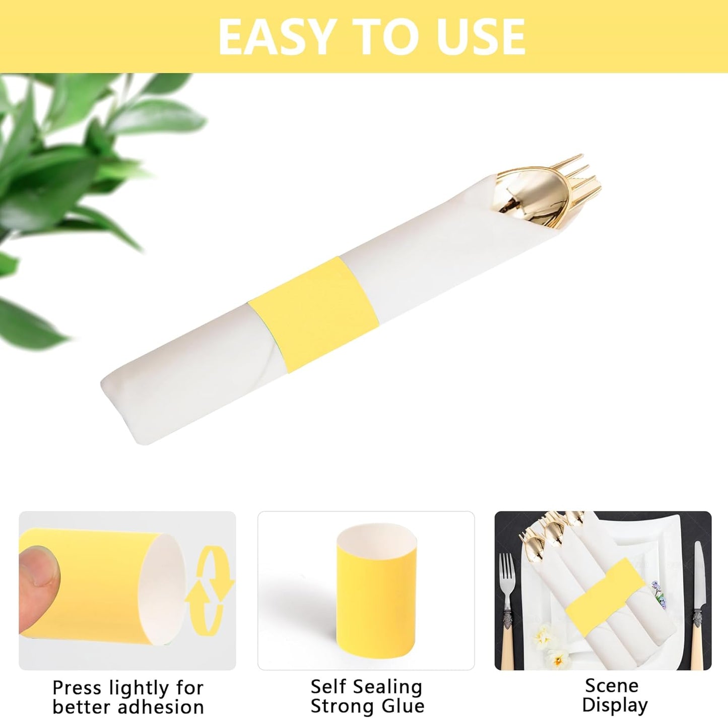 200Pcs Yellow Napkin Bands Self Adhesive | Paper Napkin Rings, Self Adhesive, Silverware Wraps, Table Setup Wedding Event Party Supply