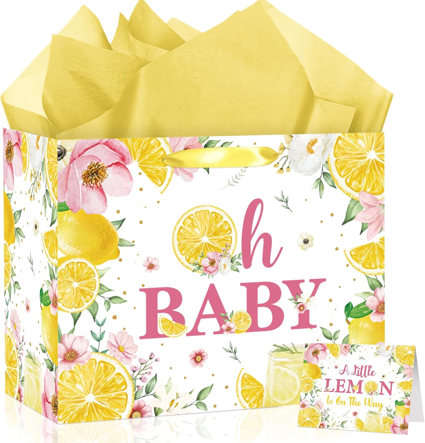 Oh Baby Gift Bag with Yellow Tissue Paper and Card - Watercolor Lemon Pink Floral Baby Shower Wrapping Gift Bag - Summer Citrus Theme 1st Birthday Present Sack for Girls Boys Mom to Be