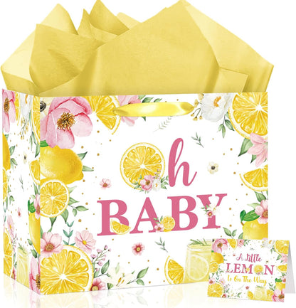 Oh Baby Gift Bag with Yellow Tissue Paper and Card - Watercolor Lemon Pink Floral Baby Shower Wrapping Gift Bag - Summer Citrus Theme 1st Birthday Present Sack for Girls Boys Mom to Be
