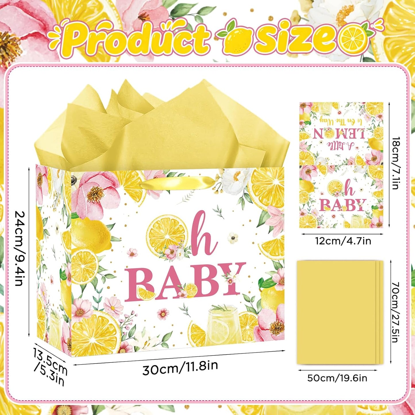 Oh Baby Gift Bag with Yellow Tissue Paper and Card - Watercolor Lemon Pink Floral Baby Shower Wrapping Gift Bag - Summer Citrus Theme 1st Birthday Present Sack for Girls Boys Mom to Be