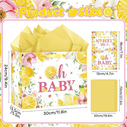 Oh Baby Gift Bag with Yellow Tissue Paper and Card - Watercolor Lemon Pink Floral Baby Shower Wrapping Gift Bag - Summer Citrus Theme 1st Birthday Present Sack for Girls Boys Mom to Be