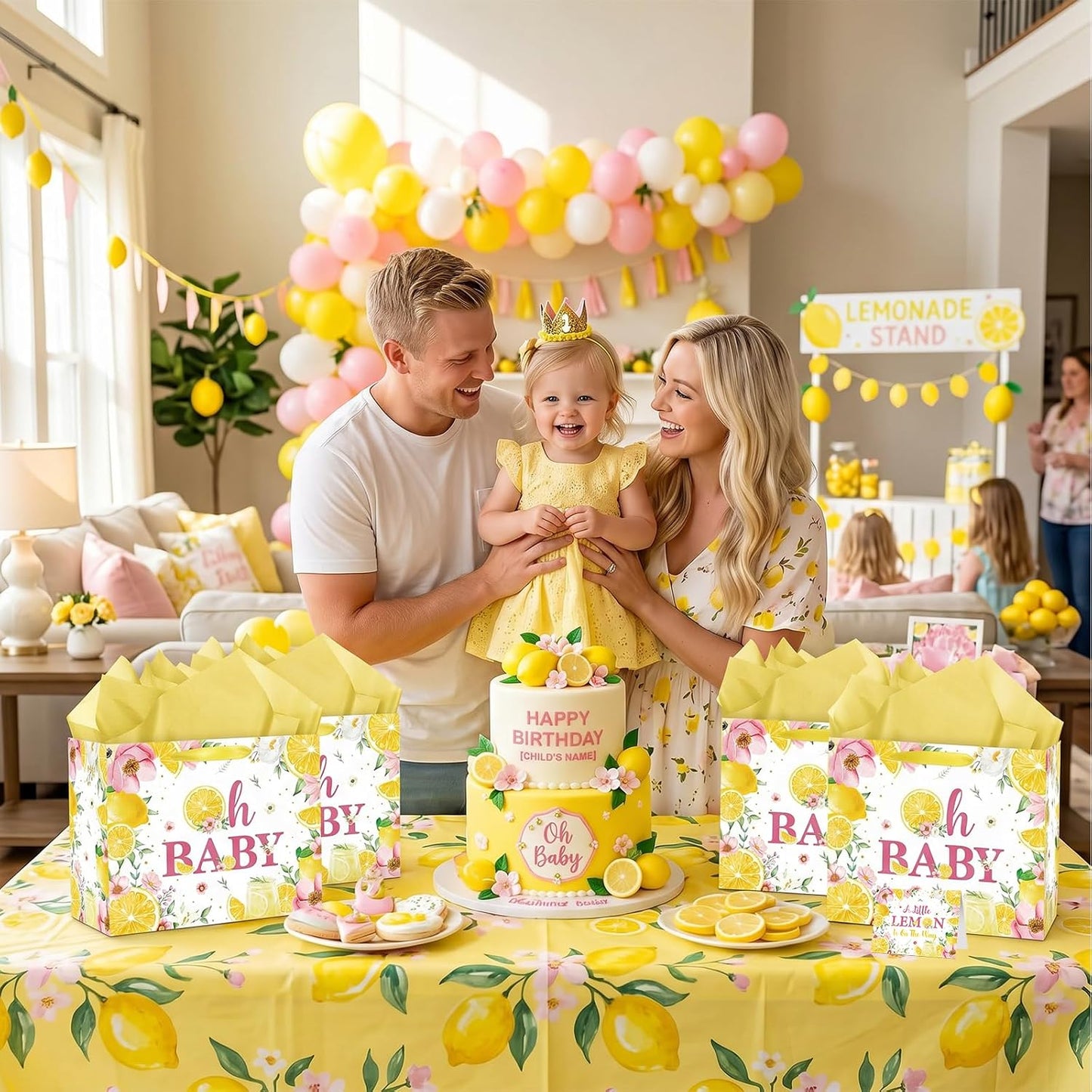 Oh Baby Gift Bag with Yellow Tissue Paper and Card - Watercolor Lemon Pink Floral Baby Shower Wrapping Gift Bag - Summer Citrus Theme 1st Birthday Present Sack for Girls Boys Mom to Be