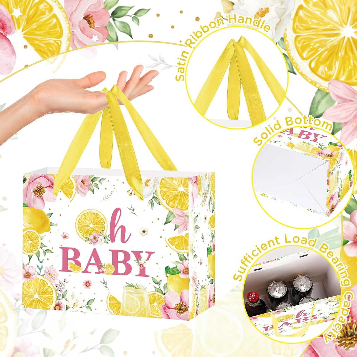 Oh Baby Gift Bag with Yellow Tissue Paper and Card - Watercolor Lemon Pink Floral Baby Shower Wrapping Gift Bag - Summer Citrus Theme 1st Birthday Present Sack for Girls Boys Mom to Be