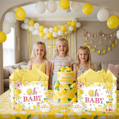 Oh Baby Gift Bag with Yellow Tissue Paper and Card - Watercolor Lemon Pink Floral Baby Shower Wrapping Gift Bag - Summer Citrus Theme 1st Birthday Present Sack for Girls Boys Mom to Be