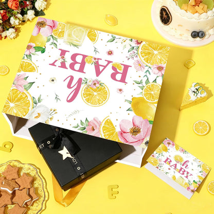 Oh Baby Gift Bag with Yellow Tissue Paper and Card - Watercolor Lemon Pink Floral Baby Shower Wrapping Gift Bag - Summer Citrus Theme 1st Birthday Present Sack for Girls Boys Mom to Be