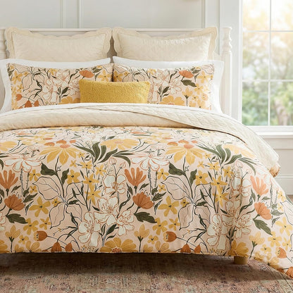 Cotton Queen Duvet Cover Set Yellow Floral Bedding Set 3 Pcs Breathable & Durable Duvet Cover with Zipper Closure Green Leaf Orange Flower Comforter Cover Set French Country Style