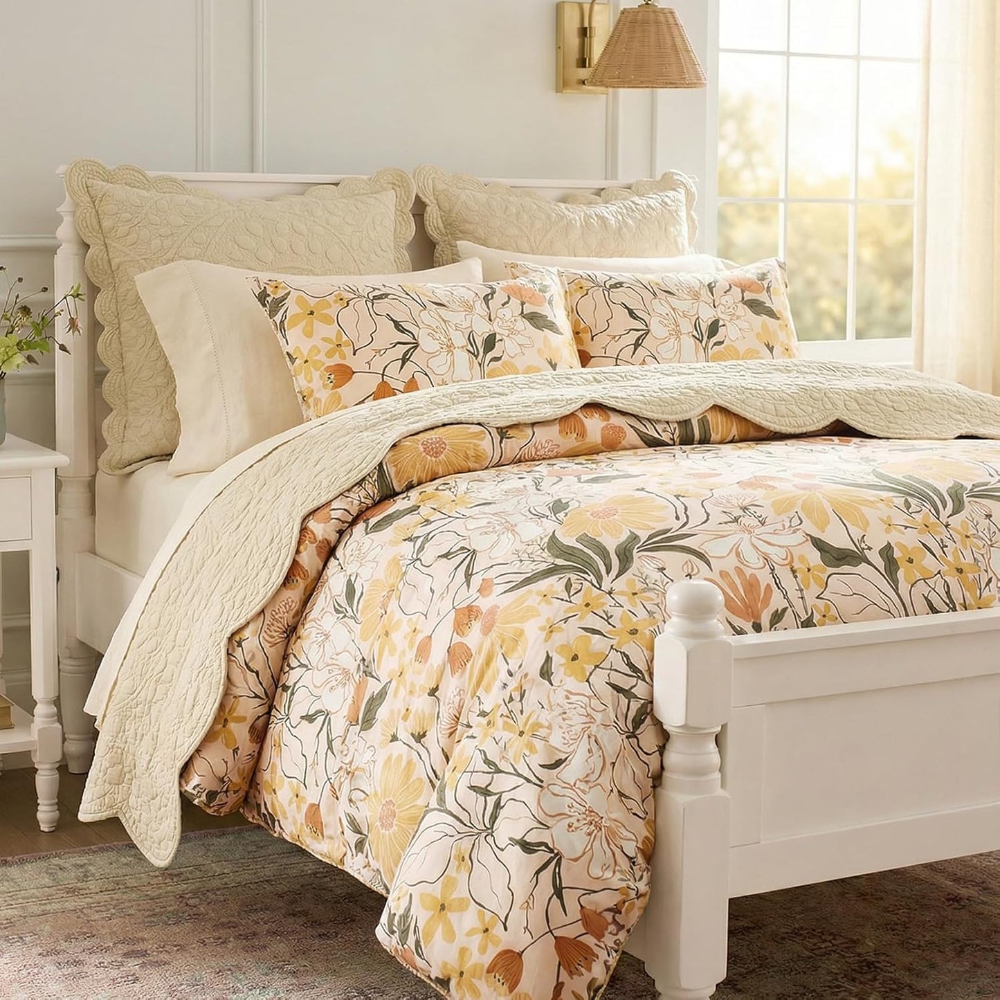 Cotton Queen Duvet Cover Set Yellow Floral Bedding Set 3 Pcs Breathable & Durable Duvet Cover with Zipper Closure Green Leaf Orange Flower Comforter Cover Set French Country Style