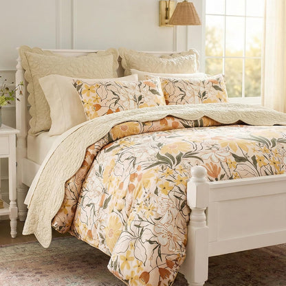 Cotton Queen Duvet Cover Set Yellow Floral Bedding Set 3 Pcs Breathable & Durable Duvet Cover with Zipper Closure Green Leaf Orange Flower Comforter Cover Set French Country Style