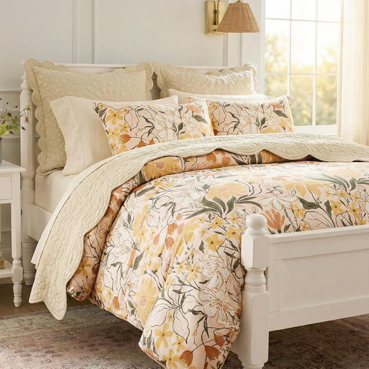 Cotton Queen Duvet Cover Set Yellow Floral Bedding Set 3 Pcs Breathable & Durable Duvet Cover with Zipper Closure Green Leaf Orange Flower Comforter Cover Set French Country Style
