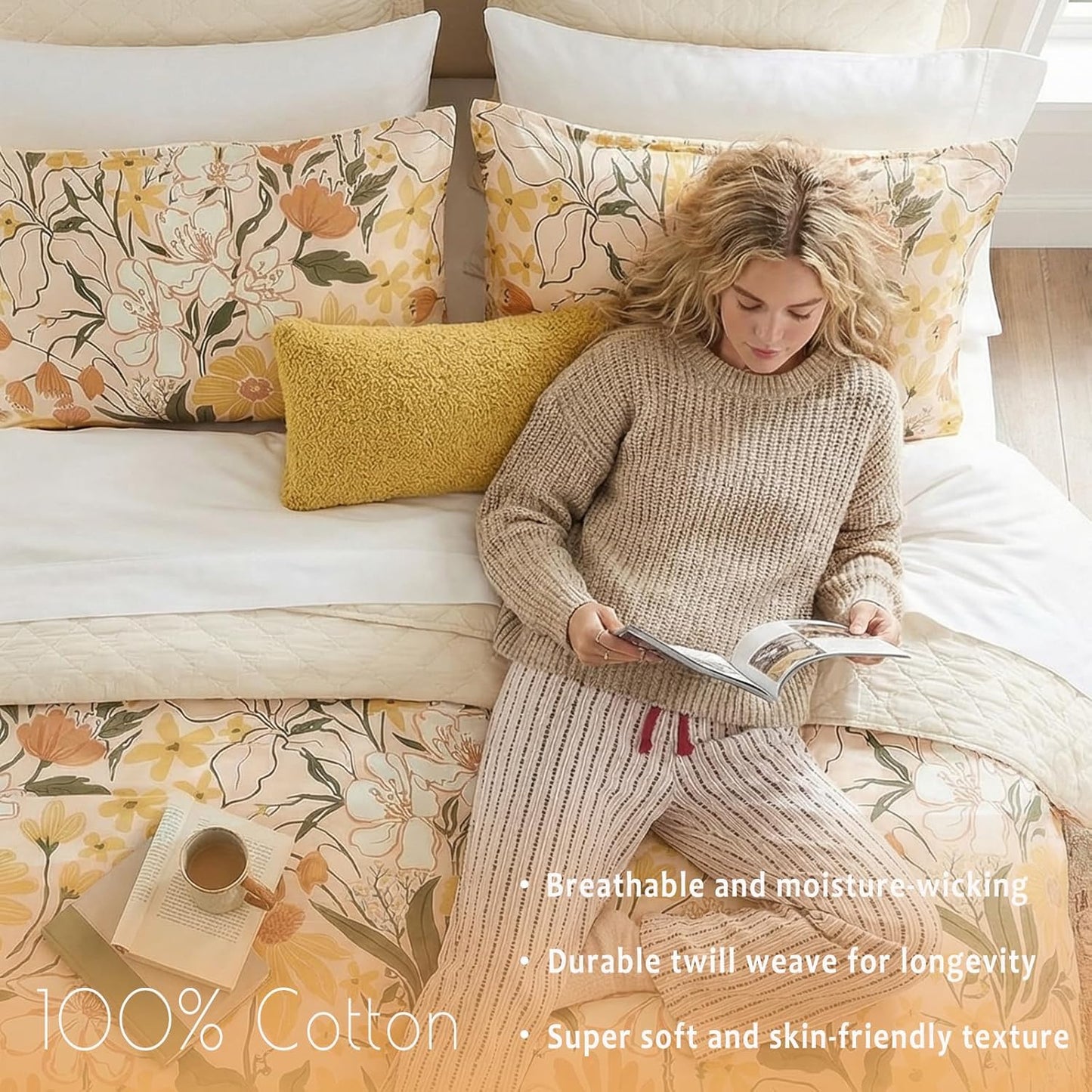 Cotton Queen Duvet Cover Set Yellow Floral Bedding Set 3 Pcs Breathable & Durable Duvet Cover with Zipper Closure Green Leaf Orange Flower Comforter Cover Set French Country Style