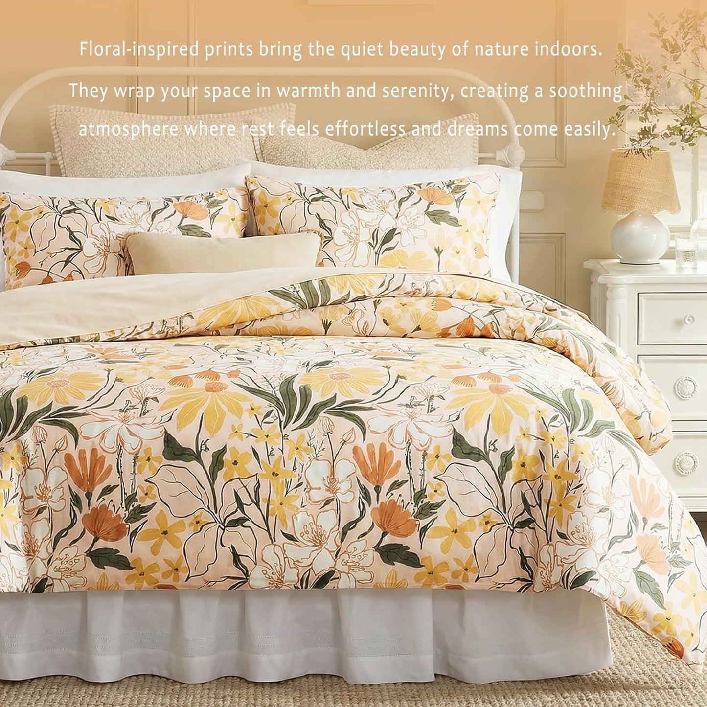 Cotton Queen Duvet Cover Set Yellow Floral Bedding Set 3 Pcs Breathable & Durable Duvet Cover with Zipper Closure Green Leaf Orange Flower Comforter Cover Set French Country Style