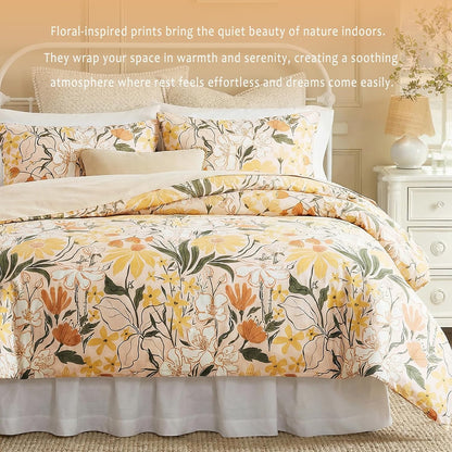 Cotton Queen Duvet Cover Set Yellow Floral Bedding Set 3 Pcs Breathable & Durable Duvet Cover with Zipper Closure Green Leaf Orange Flower Comforter Cover Set French Country Style