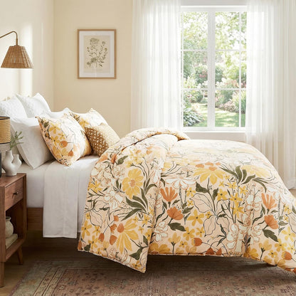 Cotton Queen Duvet Cover Set Yellow Floral Bedding Set 3 Pcs Breathable & Durable Duvet Cover with Zipper Closure Green Leaf Orange Flower Comforter Cover Set French Country Style