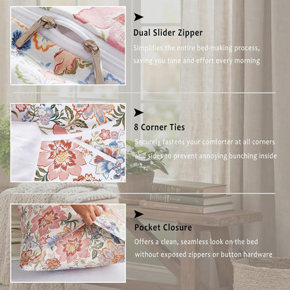 Cotton Queen Duvet Cover Set Yellow Floral Bedding Set 3 Pcs Breathable & Durable Duvet Cover with Zipper Closure Green Leaf Orange Flower Comforter Cover Set French Country Style