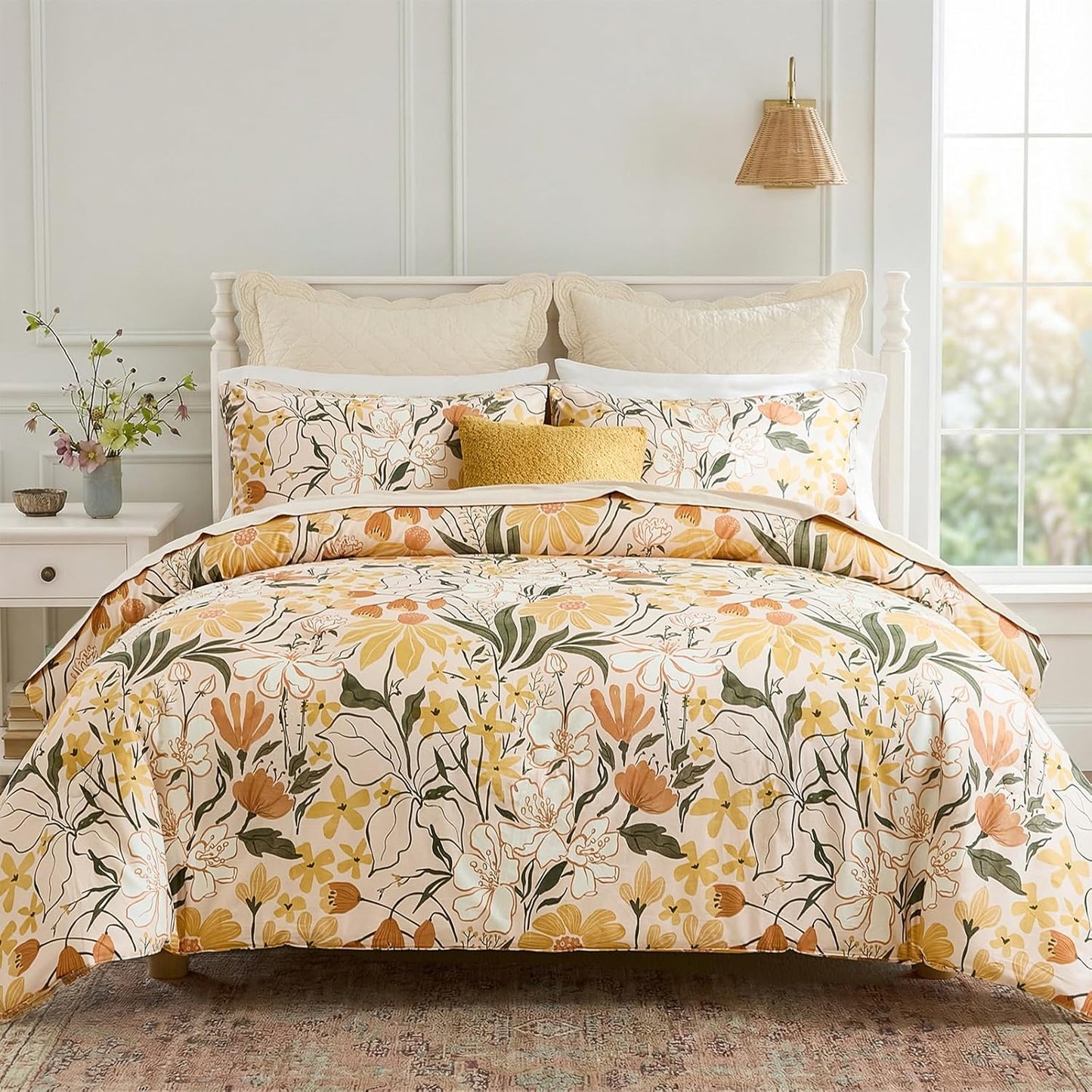 Cotton Queen Duvet Cover Set Yellow Floral Bedding Set 3 Pcs Breathable & Durable Duvet Cover with Zipper Closure Green Leaf Orange Flower Comforter Cover Set French Country Style