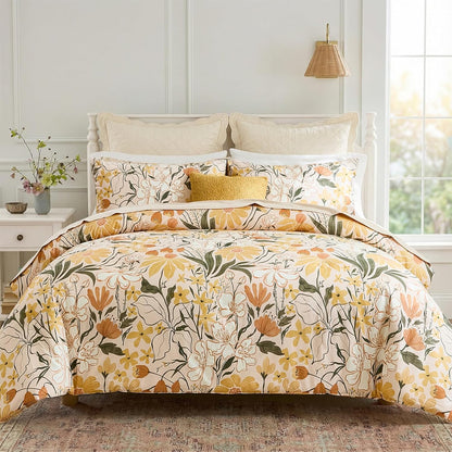 Cotton Queen Duvet Cover Set Yellow Floral Bedding Set 3 Pcs Breathable & Durable Duvet Cover with Zipper Closure Green Leaf Orange Flower Comforter Cover Set French Country Style