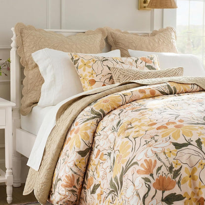 Cotton Queen Duvet Cover Set Yellow Floral Bedding Set 3 Pcs Breathable & Durable Duvet Cover with Zipper Closure Green Leaf Orange Flower Comforter Cover Set French Country Style
