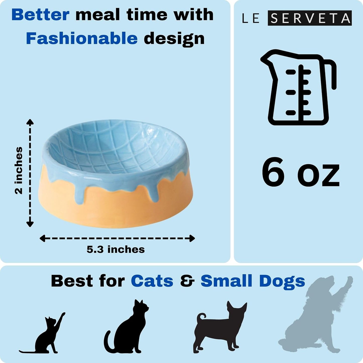Dripping Ice Cream Cake Pet Bowl, Ceramic Food and Water Dish with Decorative Design, Pink Blue Green Colors (Blue&Yellow)