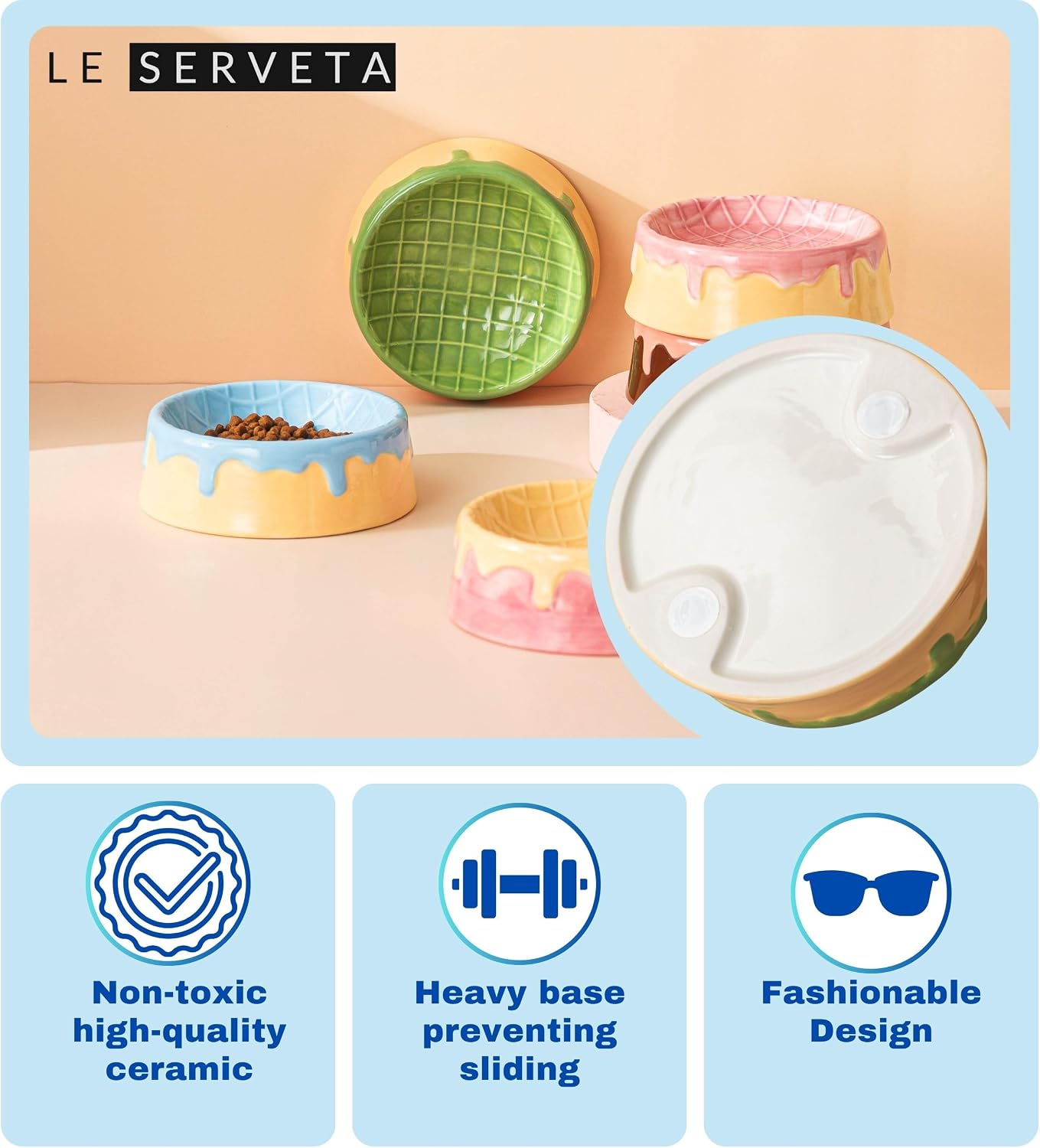 Dripping Ice Cream Cake Pet Bowl, Ceramic Food and Water Dish with Decorative Design, Pink Blue Green Colors (Blue&Yellow)