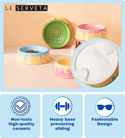 Dripping Ice Cream Cake Pet Bowl, Ceramic Food and Water Dish with Decorative Design, Pink Blue Green Colors (Blue&Yellow)