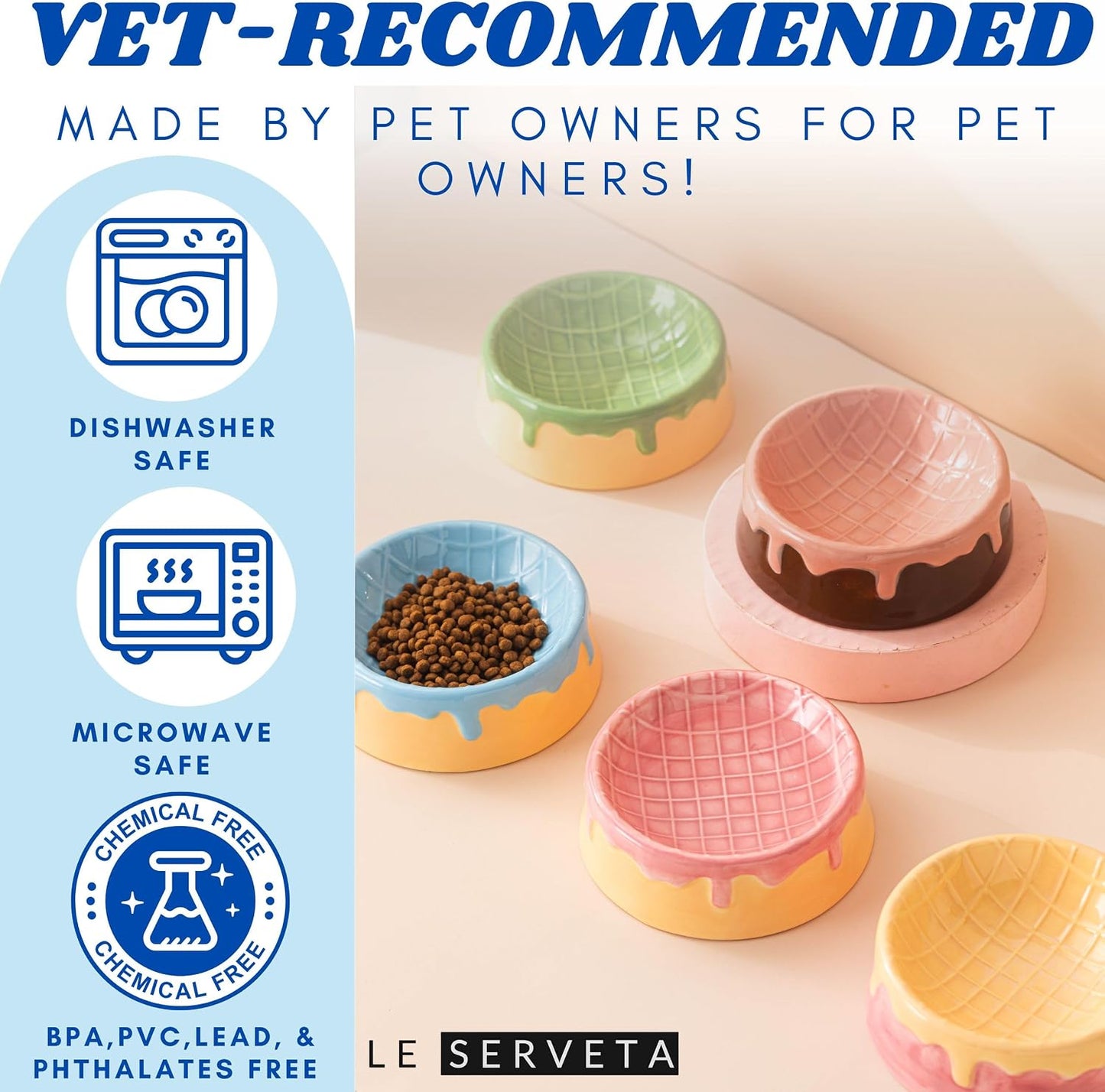 Dripping Ice Cream Cake Pet Bowl, Ceramic Food and Water Dish with Decorative Design, Pink Blue Green Colors (Blue&Yellow)