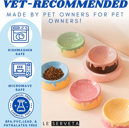 Dripping Ice Cream Cake Pet Bowl, Ceramic Food and Water Dish with Decorative Design, Pink Blue Green Colors (Blue&Yellow)