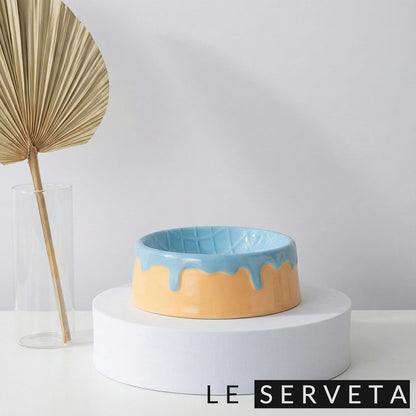 Dripping Ice Cream Cake Pet Bowl, Ceramic Food and Water Dish with Decorative Design, Pink Blue Green Colors (Blue&Yellow)