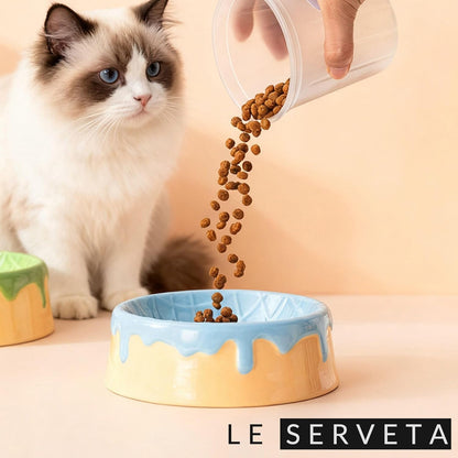 Dripping Ice Cream Cake Pet Bowl, Ceramic Food and Water Dish with Decorative Design, Pink Blue Green Colors (Blue&Yellow)