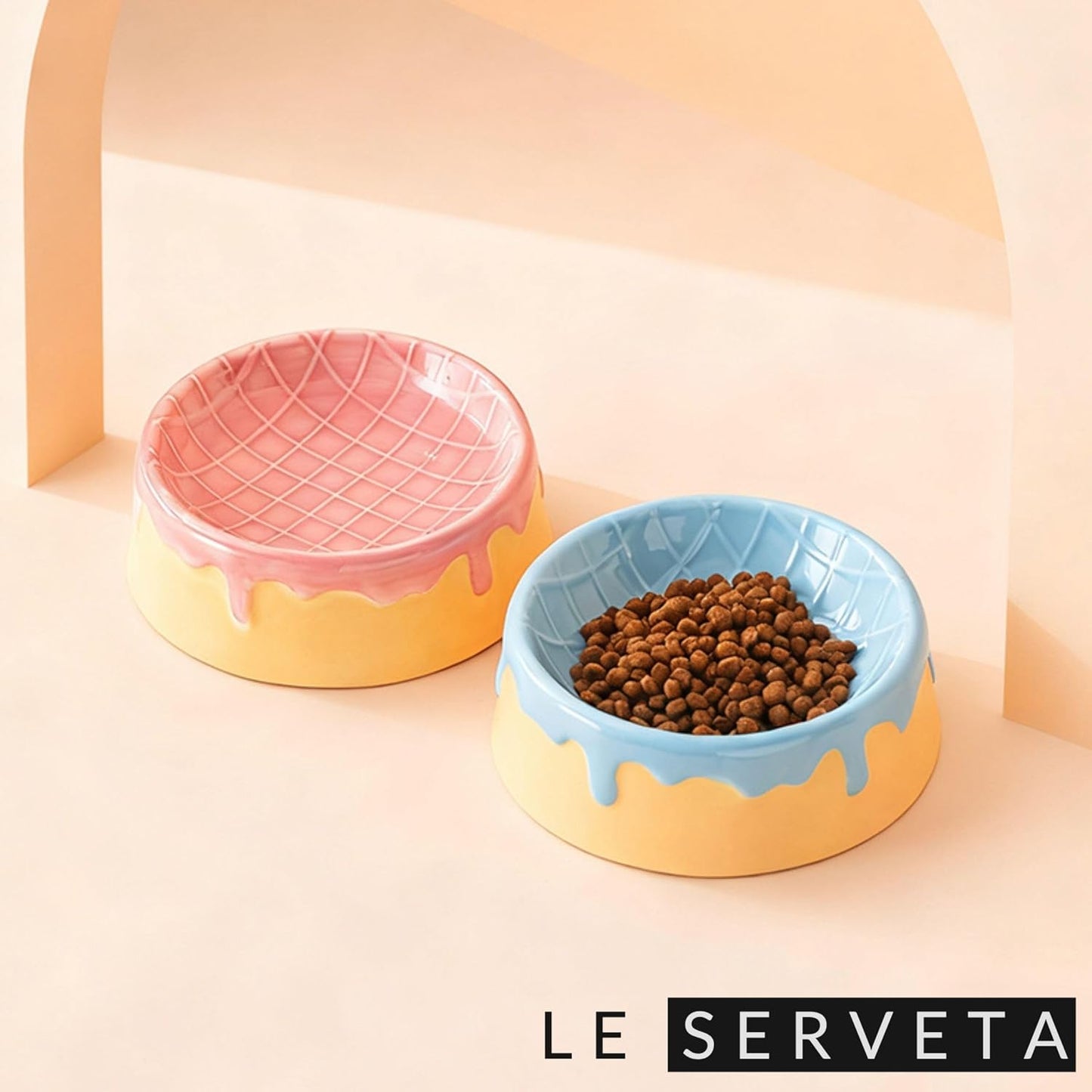 Dripping Ice Cream Cake Pet Bowl, Ceramic Food and Water Dish with Decorative Design, Pink Blue Green Colors (Blue&Yellow)
