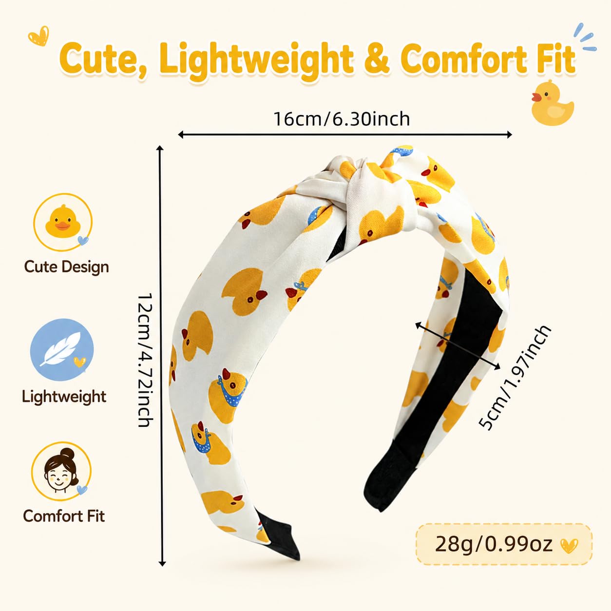 3PCS Cute Duck Headbands for Women Girls, Knotted Wide Hair Bands, Lightweight & Comfortable, Non-Slip Fashion Hair Accessories for Daily Wear, Party, Travel