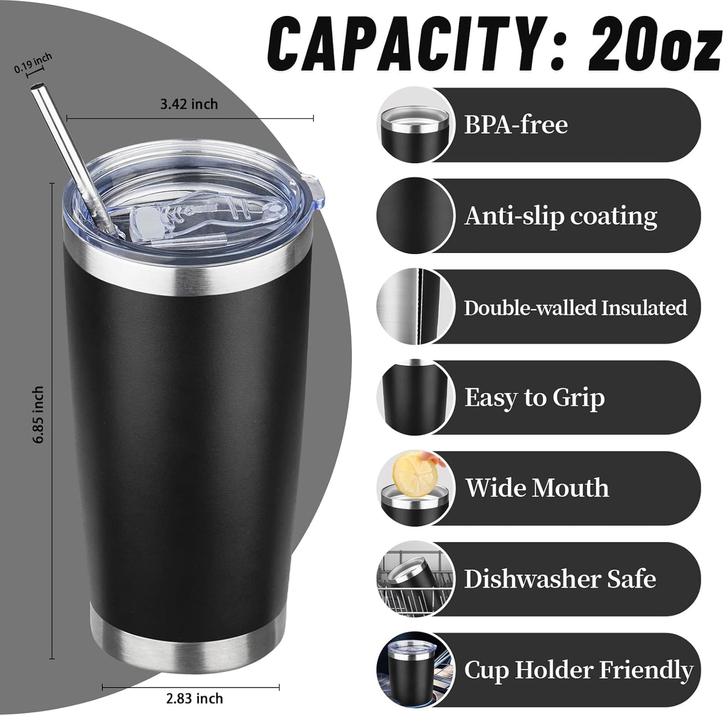 20 oz Tumbler with Lids and Straws, Stainless Steel Insulated Travel Coffee Mug, Double Wall Vacuum Insulated Tumblers, Powder Coated Coffee Tumbler for Cold & Hot Drinks (Yellow, 6 Pack)
