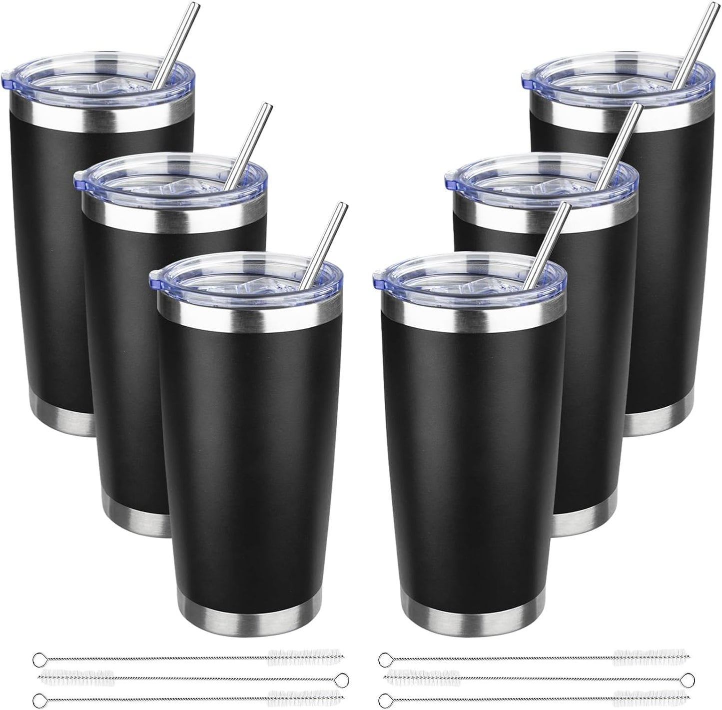 20 oz Tumbler with Lids and Straws, Stainless Steel Insulated Travel Coffee Mug, Double Wall Vacuum Insulated Tumblers, Powder Coated Coffee Tumbler for Cold & Hot Drinks (Yellow, 6 Pack)