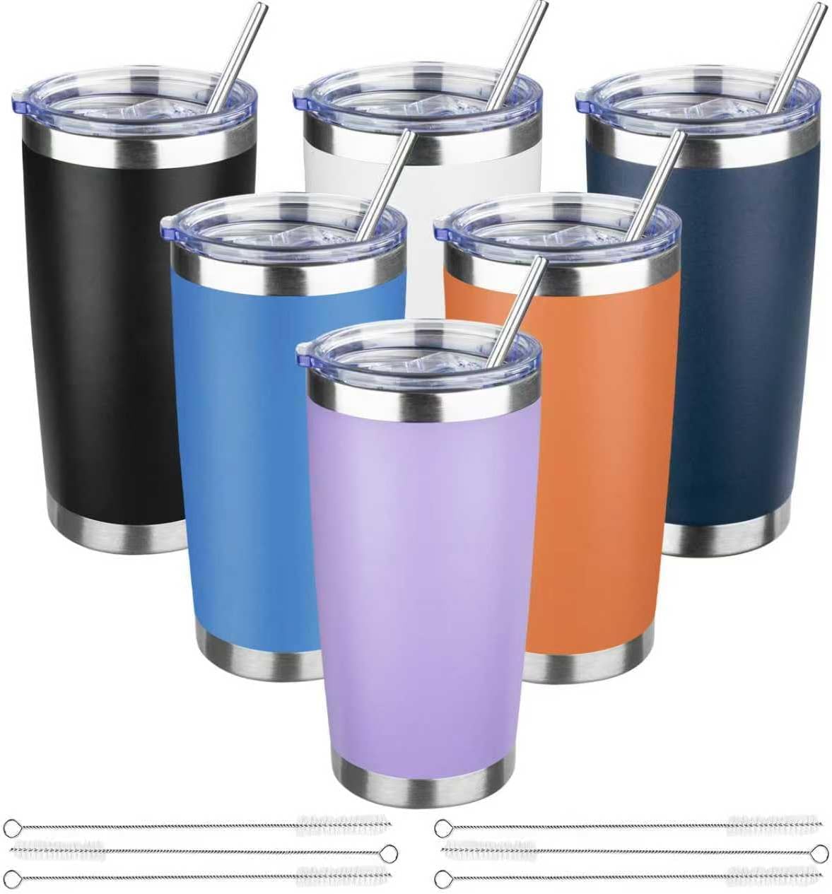 20 oz Tumbler with Lids and Straws, Stainless Steel Insulated Travel Coffee Mug, Double Wall Vacuum Insulated Tumblers, Powder Coated Coffee Tumbler for Cold & Hot Drinks (Yellow, 6 Pack)