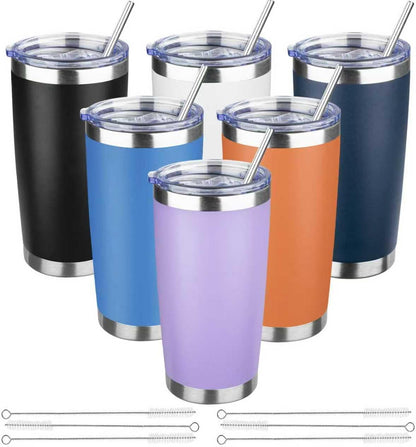 20 oz Tumbler with Lids and Straws, Stainless Steel Insulated Travel Coffee Mug, Double Wall Vacuum Insulated Tumblers, Powder Coated Coffee Tumbler for Cold & Hot Drinks (Yellow, 6 Pack)