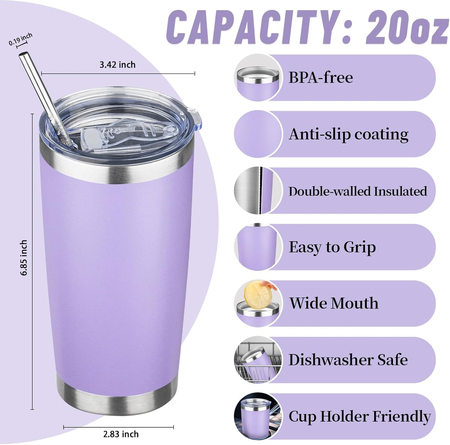 20 oz Tumbler with Lids and Straws, Stainless Steel Insulated Travel Coffee Mug, Double Wall Vacuum Insulated Tumblers, Powder Coated Coffee Tumbler for Cold & Hot Drinks (Yellow, 6 Pack)