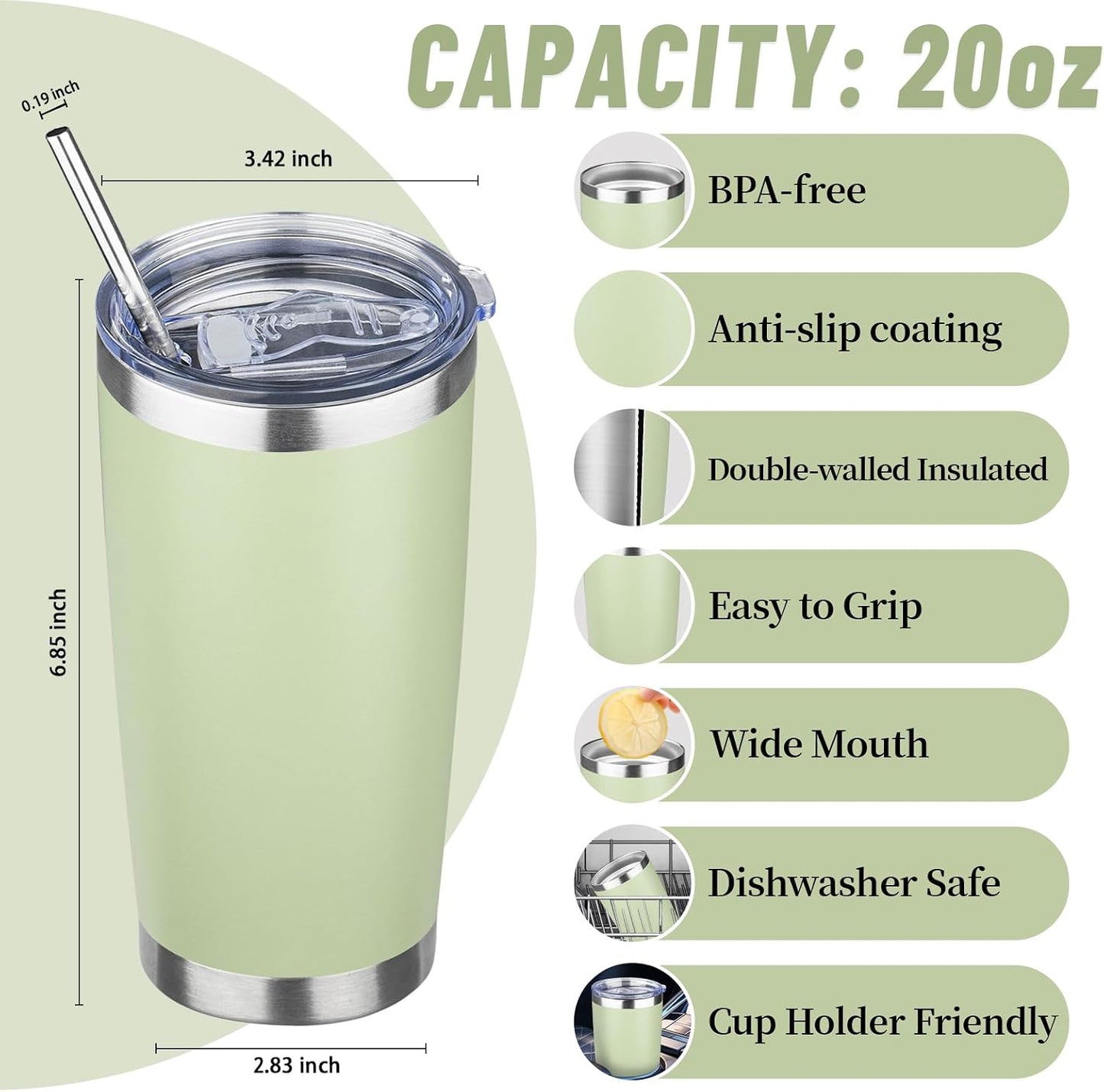 20 oz Tumbler with Lids and Straws, Stainless Steel Insulated Travel Coffee Mug, Double Wall Vacuum Insulated Tumblers, Powder Coated Coffee Tumbler for Cold & Hot Drinks (Yellow, 6 Pack)