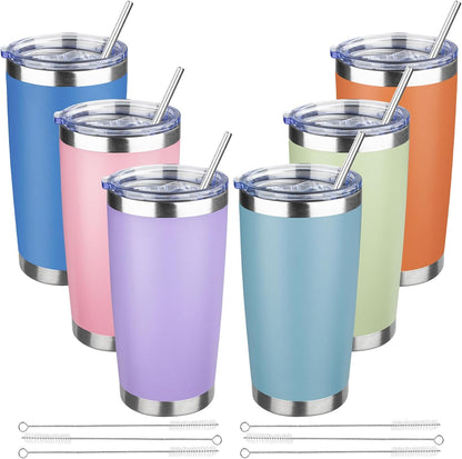 20 oz Tumbler with Lids and Straws, Stainless Steel Insulated Travel Coffee Mug, Double Wall Vacuum Insulated Tumblers, Powder Coated Coffee Tumbler for Cold & Hot Drinks (Yellow, 6 Pack)