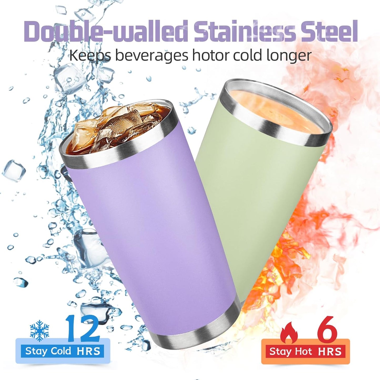20 oz Tumbler with Lids and Straws, Stainless Steel Insulated Travel Coffee Mug, Double Wall Vacuum Insulated Tumblers, Powder Coated Coffee Tumbler for Cold & Hot Drinks (Yellow, 6 Pack)