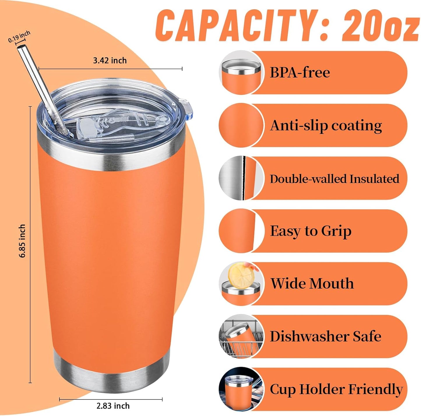 20 oz Tumbler with Lids and Straws, Stainless Steel Insulated Travel Coffee Mug, Double Wall Vacuum Insulated Tumblers, Powder Coated Coffee Tumbler for Cold & Hot Drinks (Yellow, 6 Pack)