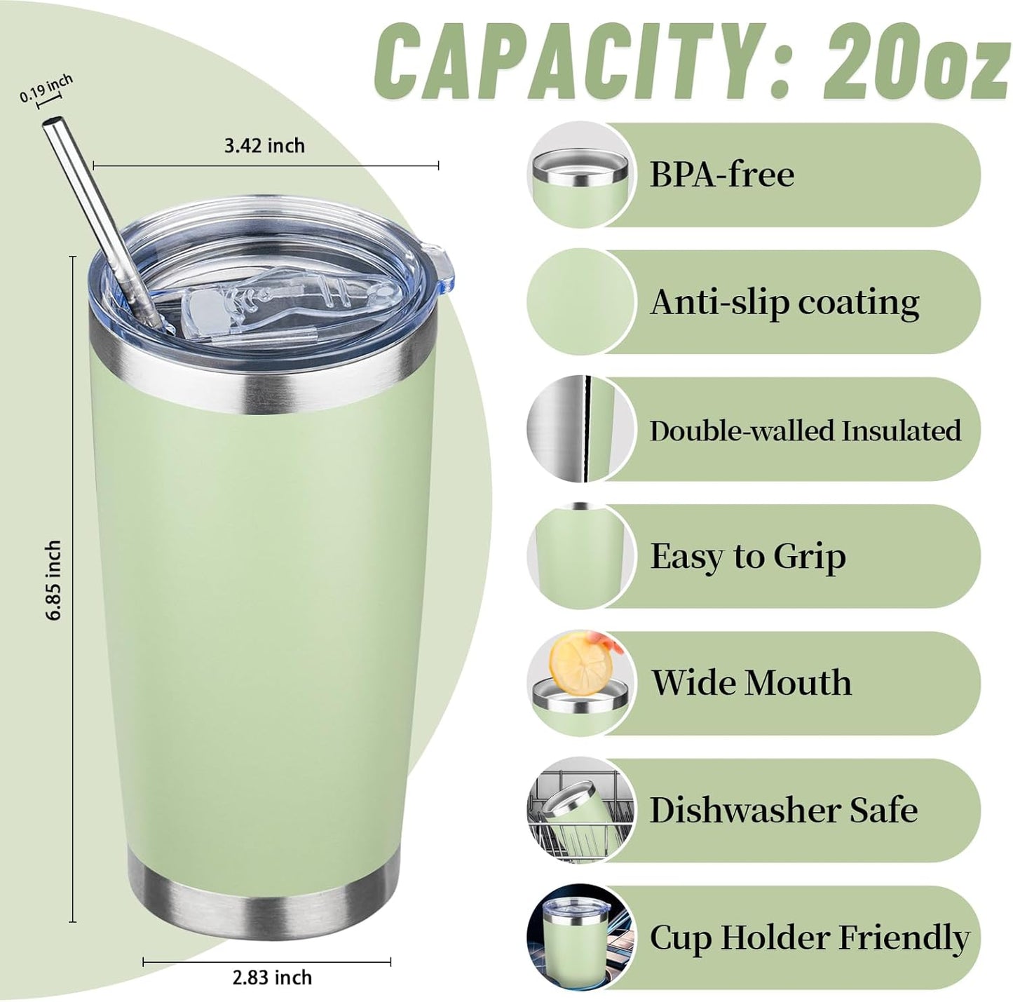 20 oz Tumbler with Lids and Straws, Stainless Steel Insulated Travel Coffee Mug, Double Wall Vacuum Insulated Tumblers, Powder Coated Coffee Tumbler for Cold & Hot Drinks (Yellow, 6 Pack)
