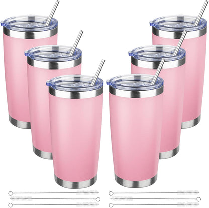 20 oz Tumbler with Lids and Straws, Stainless Steel Insulated Travel Coffee Mug, Double Wall Vacuum Insulated Tumblers, Powder Coated Coffee Tumbler for Cold & Hot Drinks (Yellow, 6 Pack)
