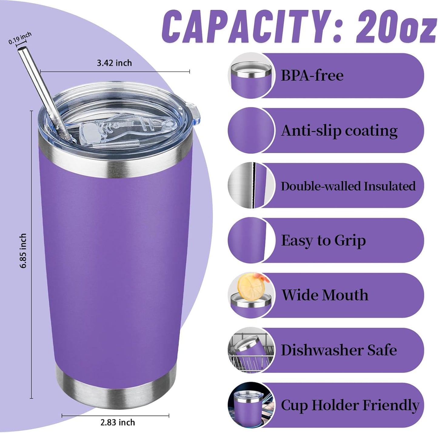 20 oz Tumbler with Lids and Straws, Stainless Steel Insulated Travel Coffee Mug, Double Wall Vacuum Insulated Tumblers, Powder Coated Coffee Tumbler for Cold & Hot Drinks (Yellow, 6 Pack)